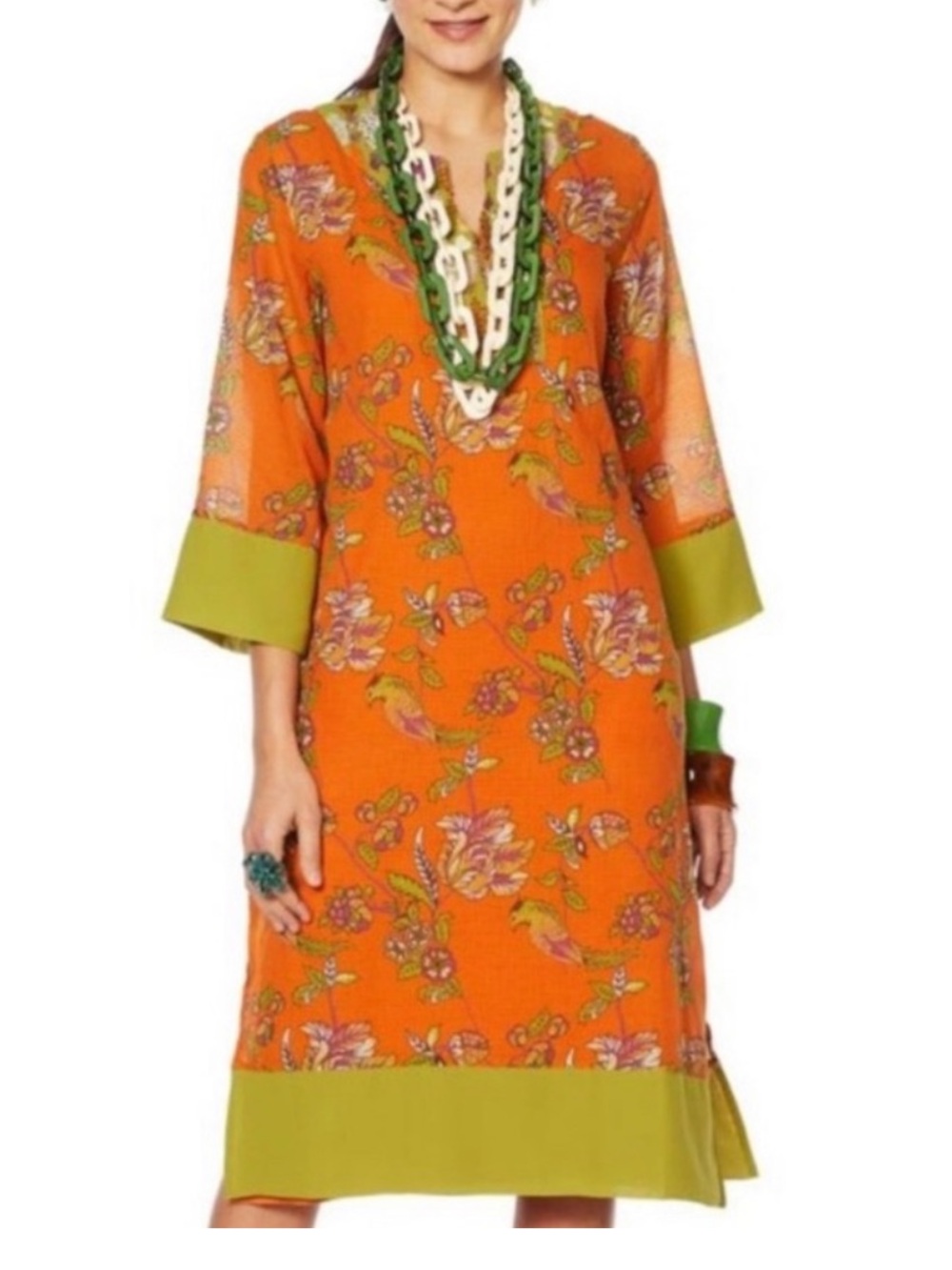 Rara Avis by Iris Apfel Bird Floral Print Caftan in Orange and lime green Dress